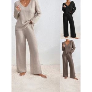 Loose Knitted Two-Piece Set V-Neck Casual Style Polyester Fabric Pure Color Suitable for Teenagers Autumn Winter Fashion Set