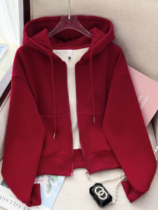 Elegant Wine Red Hoodie Zipper Long Sleeve Thin Spring Autumn Womens Sport Jacket Small Size Open Cardigan Top Korean Style