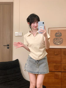 Original Homemade Offset Letter Shoulder T-Shirt Womens K-style Lapel Polo Shirt Short Sleeve Sweet Girl Waist Trimming Short Tops