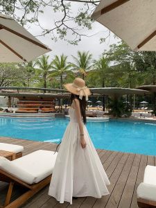 ชุดเดรสยาวแขนกุดเอวสูงสไตล์ฝรั่งเศสสำหรับผู้หญิงในฤดูใบไม้ผลิและฤดูร้อน ดีไซน์กระโปรงทรงเอ กระโปรงสั้น ชุดเดรสยาว