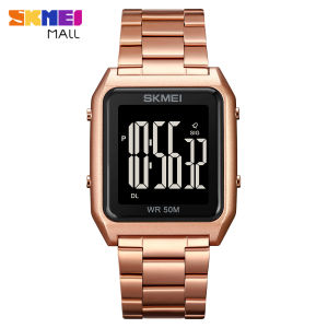 SKMEI Men Dual Time Digital Watch Stainless Steel Strap Backlight Alarm Stopwatch 36mm Width Case 50m Waterproof 1879