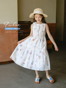 Summer New Sweet Style Girls Vest Dress Embroidered Long Skirt Cotton Material mid Waist for Big Kids Wild Persimmon Childrens Clothing