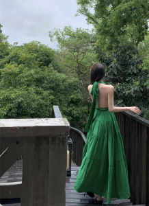 French Style Side Slit Backless Belted Dress Vacation Sensual Beachside High Waist Long Skirt Cotton Polyester Summer Gown