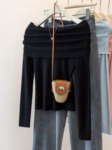 Áo Len Dệt Kim Dài Tay Màu Đen Kiểu Pháp Cho Nữ Xuân Thu Thiết Kế Hở Vai Gợi Cảm Chất Liệu Cotton Pha Trộn Thường Ngày Dài Vừa Phải