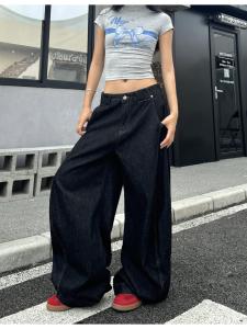 Washed Black Wide Leg Jeans Loose Floor-Length Pants American Retro High Street Design Sensation Heatstroke Spicy Womens Jeans
