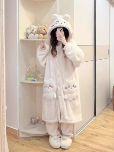 Chiikawa Coral Fleece Sleepwear Womens Thickened Long Cartoon Pajamas Winter Warm Cute Home Clothes Nightgown Robe