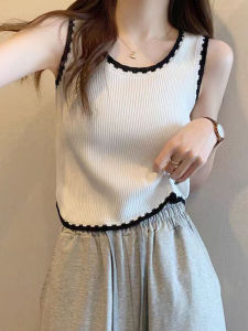 White Knitted Mini Strap Vest Women Summer Outerwear Ice Silk American Retro Sleeveless Top Wide Shoulder Strap Vest