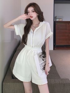Summer New French Style Womens Jumpsuit Shorts Set High Waist Zipper Hooded Belted Fashionable Casual Korean Version