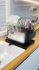 Multifunctional Dish Rack Rustproof 2-Tier Dish Drying Rack with Drainboard Space-Saving for Kitchen Counter