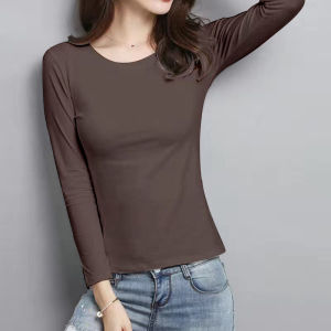 Womens Long Sleeve round Neck Base Shirt Slim Fit Solid Color Top Spring Autumn Home Wear Versatile Underwear Polyester