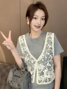 BINKAFENNY | เสื้อยืดแขนสั้นผ้าลูกไม้สีเทา ทรงเข้ารูป ทรงเข้ารูป แขนสั้น ทรงเข้ารูป สำหรับผู้หญิง ฤดูร้อน 2025 ใหม่ สไตล์เกาหลี เสื้อตัวบน