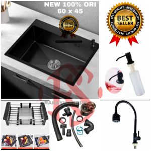 KITCHEN SINK 6045 BLACK LENGKAP KRAN/KITCHEN SINK HITAM 6045 FULLSET KRAN TARIK/KRAN FLEXIBLE/WASTAFEL CUCI PIRING DAPUR/KTCHENSET DAPUR HITAM LENGKAP KRAN