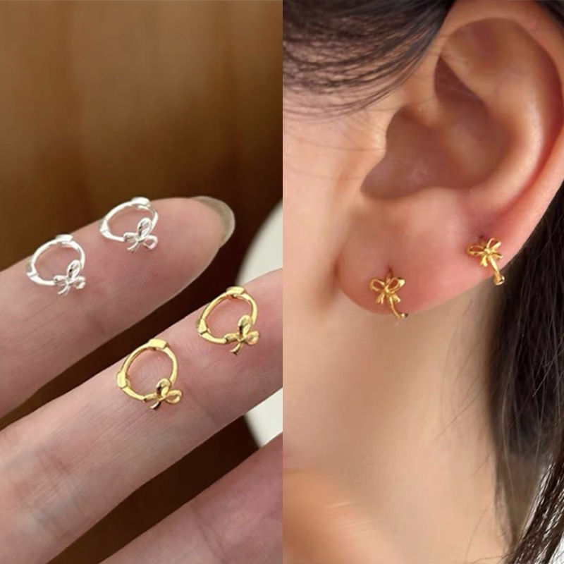 Korean Delicate Bow Mini Butterfly Bow Round Piercing Earrings Cute Niche Design Luxury Earrings Ear Jewelry Accessories