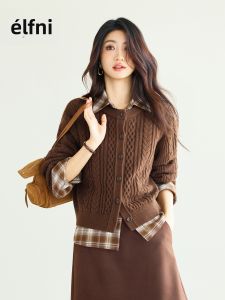 Eifini | Round Neck Cable Pattern Pure Color Warm Wool Knit Cardigan