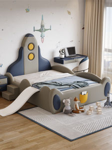 Real Leather Rocket Childrens Bed Solid Wood Guardrail Teenage Bedroom Furniture Simple Modern Style Fun Toy Pattern Decor