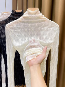 Fashionable Lace Trimmed Semi-high Collar Mesh Long Sleeve Top