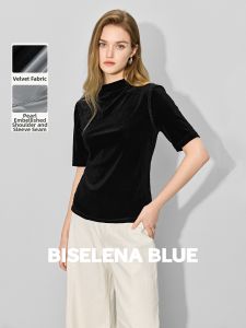 BEIQIANI | Mall-Style Half-Neck Five-Sleeve Velvet Fitted Womens T-Shirt
