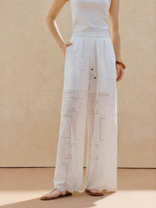 INMAN | 100% Cotton Openwork Embroidered White Womens Full Elastic Waist Casual Pants