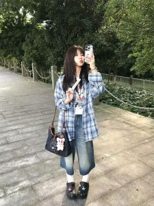 Áo Khoác Sơ Mi Kẻ Caro Cổ Điển Mỹ Cho Nữ Mùa Xuân Thu Tay Dài Rộng Rãi Phong Cách Đại Học Chống Nắng Áo Khoác Ngoài