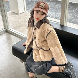 Thickened Fleece Girls Winter Jacket Warm Stylish Top Childrens Outerwear Korean Style Pure Color Flip Collar Coat for Girls