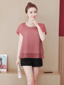 plus Size Womens Summer New Elegant Beautiful Chiffon Shirt Short Sleeve Loose Belly Covering Fashionable Age-Defying Top