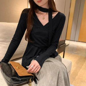 Áo Thun Dài Tay Cổ Chữ V Không Đều Phong Cách Hàn Quốc Cho Nữ Mùa Thu Mới Thời Trang Ôm Vừa Vặn Thanh Lịch Áo Thun Thường Ngày