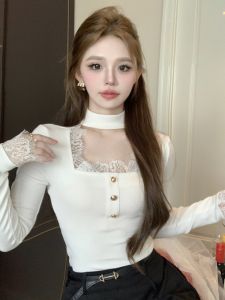 GUZILIAN | French Vintage Style Womens Slim Fit Long Sleeve Square Collar Knitted Base Shirt Lace Trim Hanging Neck Top Ladylike Commute