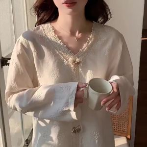 Cloud Cotton Pajamas with Breast Pads for Women Girls Spring Autumn New Korean Version Sweet Ins Style Long Sleeved V Neck Pijama Loose Home Suit Set