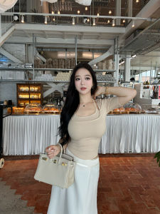 False Two Pieces Square Neck Mid Sleeve Waist-Tightening T Shirt