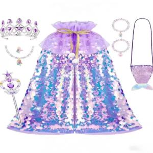 Gradient Fish Scale Mermaid Cape Kids Ocean Princess Cloak Set Rhinestone Star Tiara Magic Wand Marine Jewelry Tail CrossbodyBag
