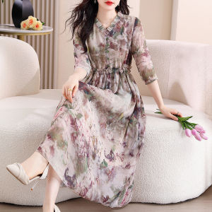 DAIXIANGFEIZI | Đầm Chiffon Hoa A-Line Tay Ngắn V-Neck Dài Trung Bình