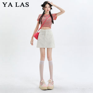 กระโปรงยีนส์สั้นเอวสูงสีขาว กระโปรงทรงเอปิดซิปป้องกันแสง กระโปรงสั้นผู้หญิง ฤดูใบไม้ผลิ 2025 กระโปรงสั้นทรงเอป้องกันแสง