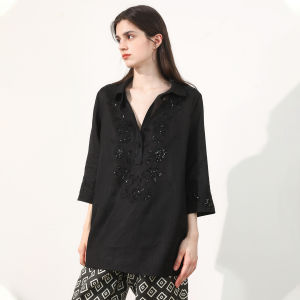 Miccbeirn | Retro Pure Flax Embroidered Shirt Womens Casual Style Seven Sleeve Commute Fashion Bright Sequin Mid-Length Polo Neck Top