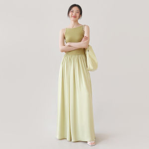 TANSSHOP Holiday Casual Strap Long Dress Low Waist Pleated Large Skirt Flat Collar Sleeveless Dress Summer A-Line Gown