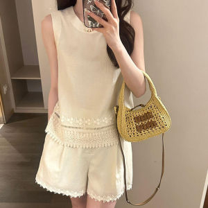 Shalldoer | Fashionable Ladies Summer Design Knitted Splice Sleeveless Vest And Lace Shorts Two-Piece Set Round Neck Short Sleeve Outfit