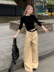 Quần Ống Rộng Dài Màu Kaki Phong Cách Công Sở Mùa Hè Cho Nữ Cỡ Lớn Cạp Cao Quần Ống Rộng Thoải Mái Giản Dị Cổ Điển