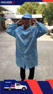 ชุดป้องกันไฟฟ้าสถิต พร้อมหมวก A100 ป้องกันละอองน้ำ /กันฝุ่น /คลีนรูม ( แบบซักได้ ) ผ่านการรับรอง SGS