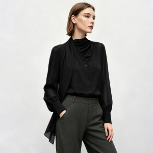 AMII | Elegant Commuter Style V-neck Bow Shell Button Chiffon Shirt