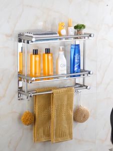 Rack ติดผนัง ชั้นวางของในห้องน้ำ ไม่ต้องเจาะร เหล็กกล้าไร้สนิม 1/2/3ชั้น กว้าง40/60ซม. ติดตั้ง2แบบ พร้อมราวตากผ้าและตะขอ