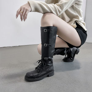 Lin Xiangwan Western Boots High-Tube Belted Motorcycle Thick-Heeled Over-Knee Strap Boots Vintage Cowboy Boots for Women