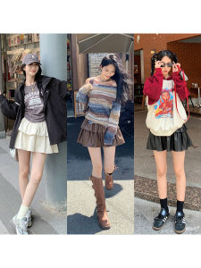 Fang Bubble High Waist PU Leather Short Skirt Womens Fashionable Slimming Half-length Folded Pure Color Autumn Wear New Style