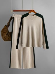 New Autumn Winter Womens Knit Pullover Suit Pants Half-turtleneck Contrast Female Sweater Pants Two Piece Sets Womens Outifits