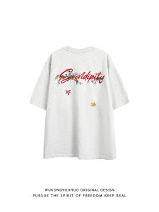 Loose Fit Short Sleeve T-Shirt Embroidered Letters American Floral Style Mens Summer Casual Versatile round Neck Tee