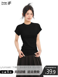 American Style Retro Black Short Sleeve T-Shirt Women Summer Slim Fit Waist Pure Color Cotton Sport Short Top Summer