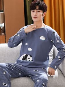 Bộ Đồ Ngủ Cotton Dài Tay Cho Nam Mùa Thu 2024 Bộ Đồ Mặc Nhà in Họa Tiết Hoạt Hình Cỡ Lớn Quần Dài Cổ Tròn