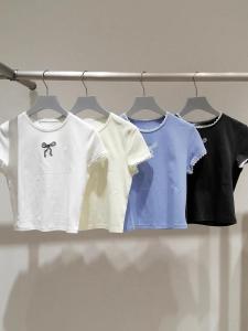 Áo Thun Nữ Tay Ngắn Mùa Hè 2025 Phong Cách Ngọt Ngào Cay Nồng Mỹ Ren Hoa in Thắt Nút Bướm Ôm Vừa Vặn Chất Liệu Cotton