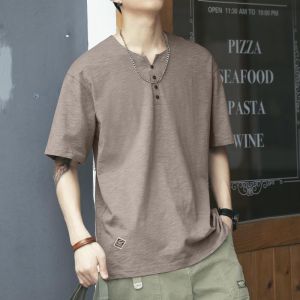 Extra Large Size 300 Pounds Japanese Style Retro Henry Collar Bamboo Cotton Short Sleeve Mens T-Shirt Summer Loose Half Sleeve Versatile Body Shirt