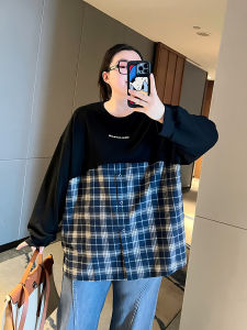 Áo Nỉ Kẻ Caro Hai Mảnh Dáng Rộng Thoải Mái Cho Nữ Cỡ Lớn Mùa Thu Đông Phong Cách Mỹ Cổ Tròn Tay Dài Cotton Polyester