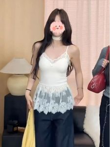 White Lace Strap Vest Womens New 2025 Inner Wear Overlap Large Size Sweet Spicy Mesh Short Skirt Versatile with Chest Pad