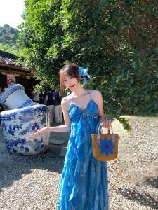 Váy Midi Không Tay Cổ Chữ V Họa Tiết Hoa Màu Xanh Váy Du Lịch Mùa Hè Cho Nữ Váy Dự Tiệc Váy Dài Không Tay Cổ Chữ V